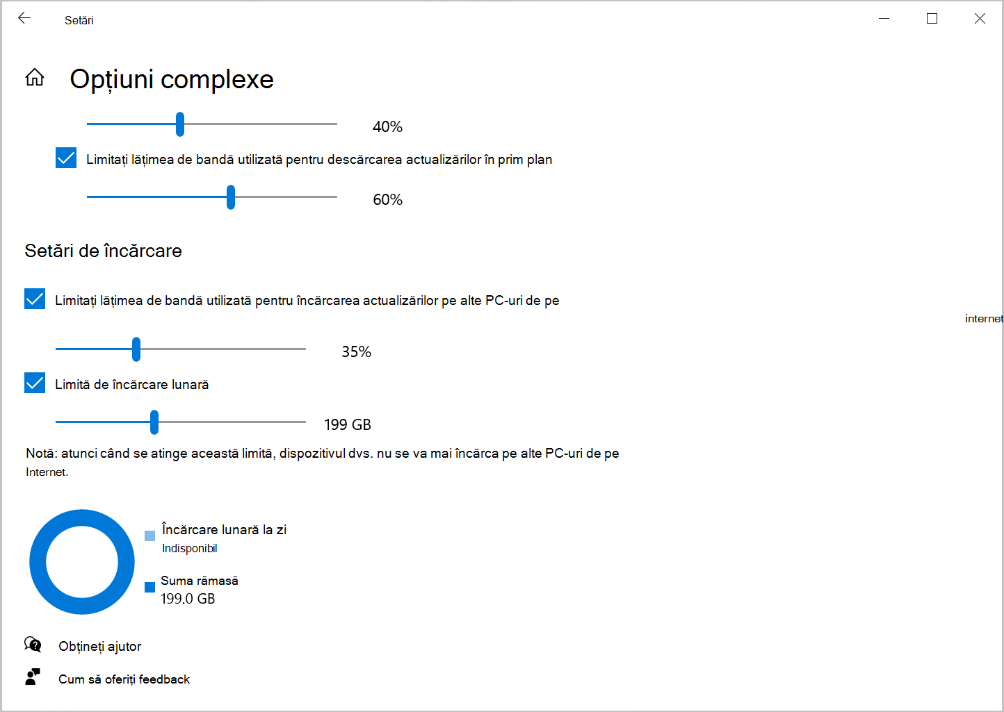 Captură de ecran a opțiunii de Optimizare distribuire pentru a limita lățimea de bandă de încărcare în Windows 10.