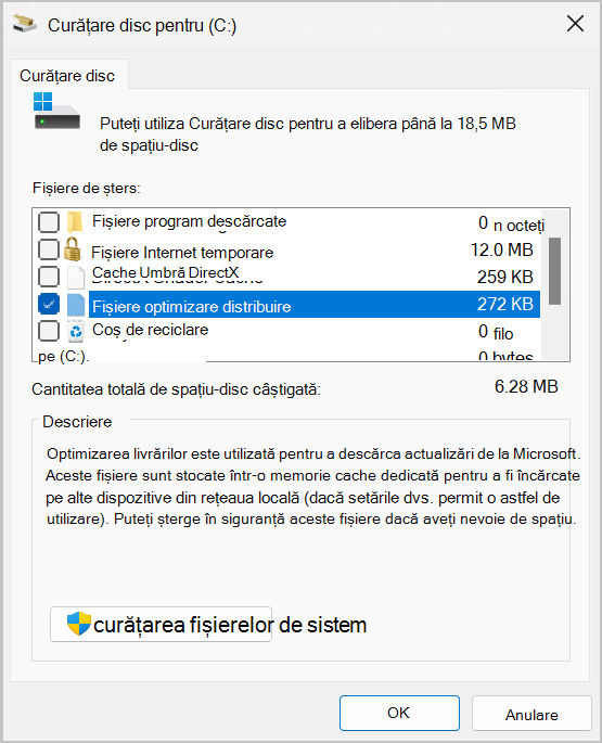 Captură de ecran a utilitarului Curățare disc afișând opțiunea pentru Optimizare livrare Files selectată.