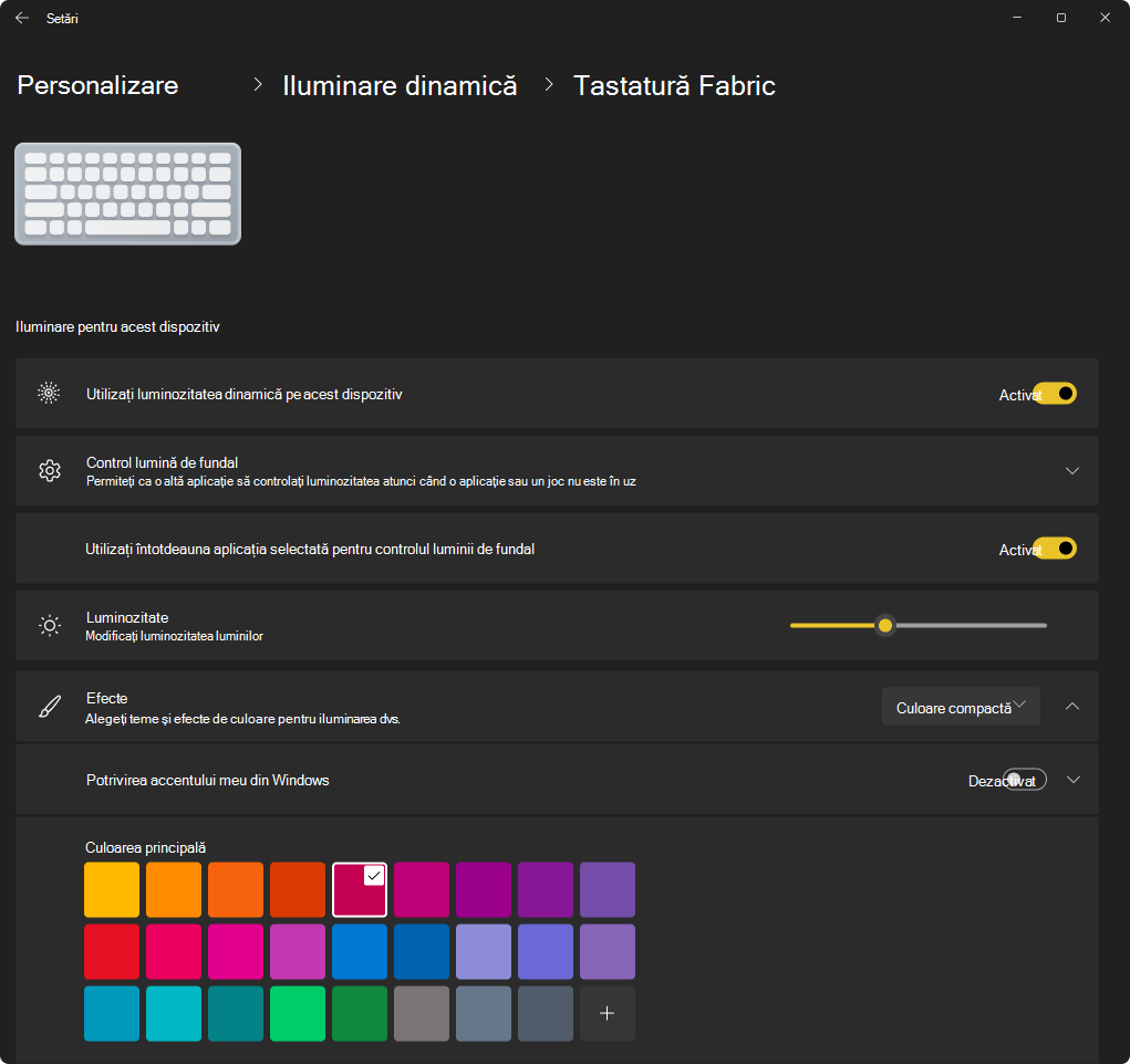 Screenshot of Settings app showing the Dynamic Lighting properties of a keyboard.