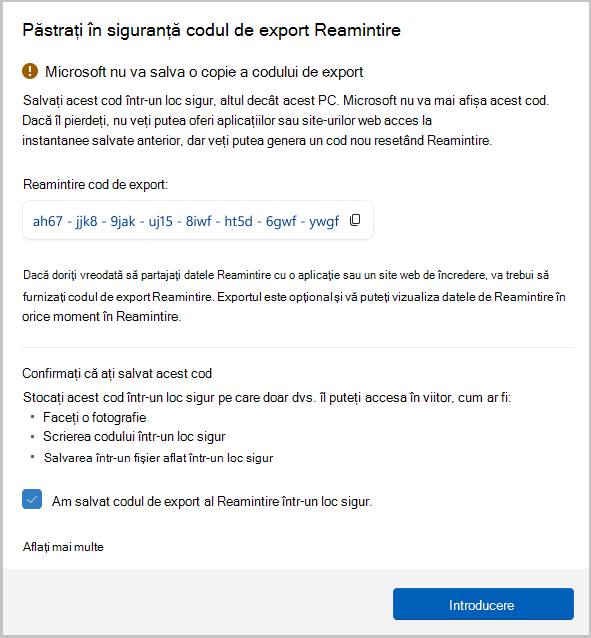 Captură de ecran a codului de export pentru Reamintire