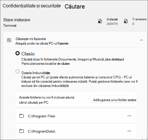 Captură de ecran afișând setările Windows Search.
