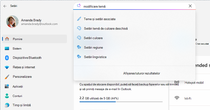 Captură de ecran a unei căutări în setări.