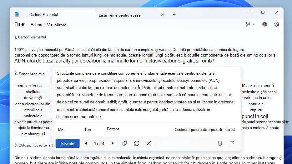Captură de ecran cu Cowriter în Notepad afișând opțiunile de rescriere