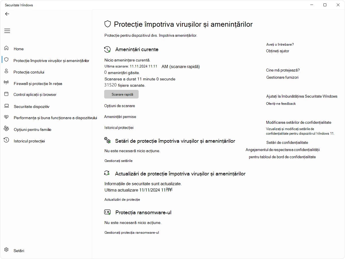 Captură de ecran a paginii de protecție împotriva virușilor și amenințărilor din aplicația Securitate Windows.