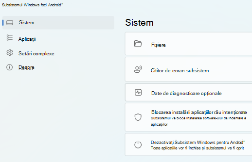 Afișează pagina principală pentru Subsistemul Windows pentru Android (TM).