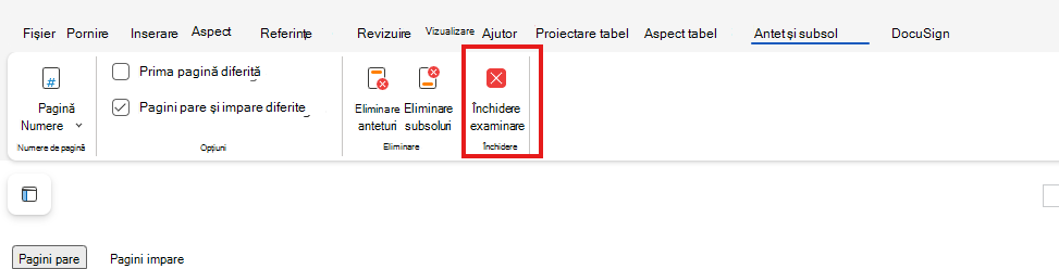 Închiderea previzualizării antetului și subsolului pe web