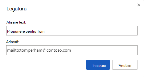 Inserare hyperlink pentru o adresă de e-mail
