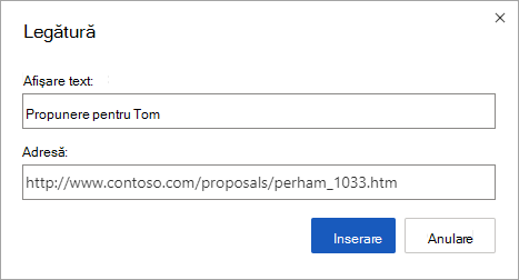 Inserarea unui hyperlink pentru o adresă web