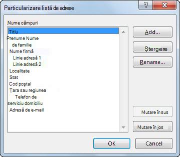 Caseta de dialog Particularizare listă de adrese