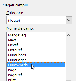 Caseta de dialog Câmp