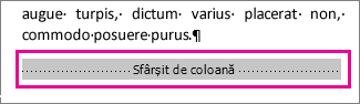 selectarea unui sfârșit de coloană cu Afișare formatare activată