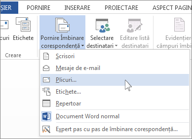 Meniul Pornire Îmbinare corespondență