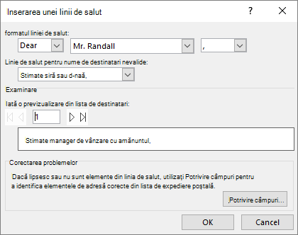 Casetă de dialog Linie de salut
