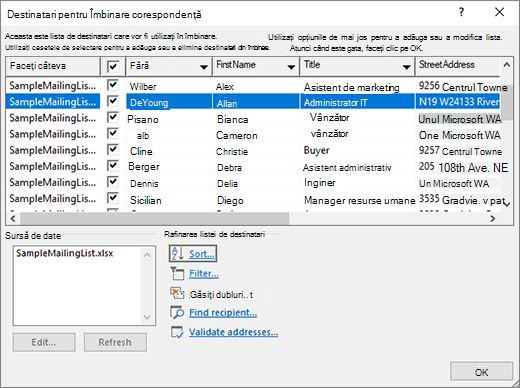 Caseta de dialog Editare destinatari