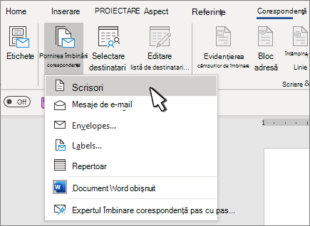 Meniul Start Îmbinare corespondență cu Litere selectate