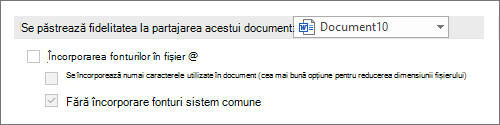 Captură de ecran a fonturilor Nu se încorporează