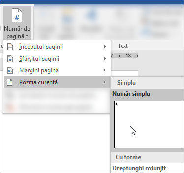 Captură de ecran care arată alegerea numărului de pagină în format simplu în poziția curentă din document