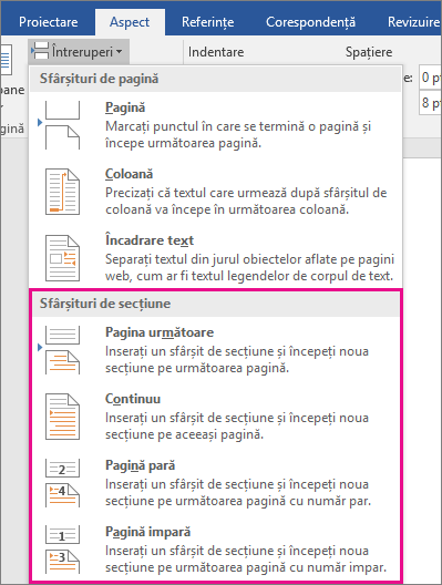 Tipuri de sfârșituri de secțiune sunt evidențiate pe fila Aspect.