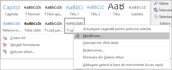Faceți clic dreapta pe stilul de legendă din galeria Stiluri pentru a modifica formatarea legendelor.