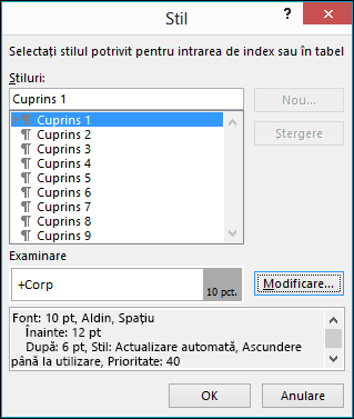 Caseta de dialog Modificare stil vă permite să actualizați cum va arăta textul din cuprins.
