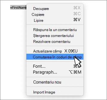 Comutare coduri de câmp în meniul contextual selectat