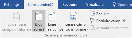 În cadrul îmbinării Word corespondență, pe fila Corespondență, în grupul Scriere & inserare câmpuri, alegeți Bloc adresă.