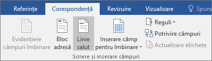 În cadrul îmbinării Word corespondență, pe fila Corespondență, în grupul Scriere & inserare câmpuri, alegeți Linie de salut.
