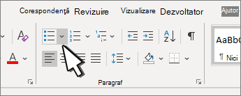 Săgeata în jos cu marcatori evidențiată în grupul Paragraf.