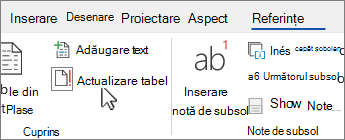 Fila Referințe afișând butonul de actualizare a tabelului