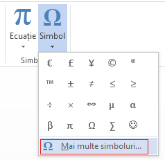 Caseta Simbol, faceți clic pe Mai multe simboluri.