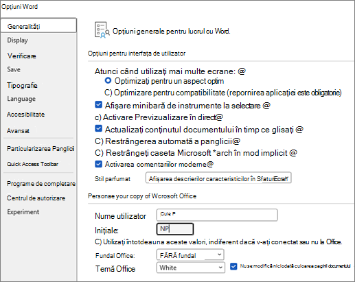 Meniul Opțiuni generale Word 2016/2013