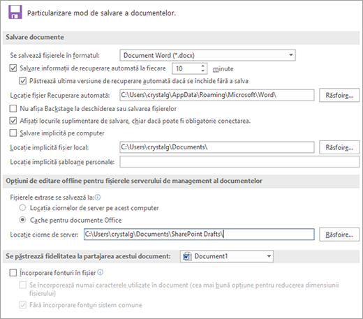 Word 2016 Opțiuni de salvare