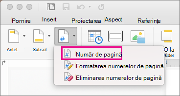 Pe fila Antet & subsol, faceți clic pe Număr de pagină în meniul Număr de pagină pentru a adăuga un număr de pagină.