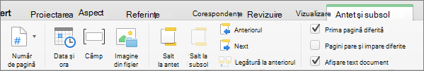 Atunci când faceți dublu clic într-o zonă de antet sau subsol, Word afișează fila Antet & Subsol.