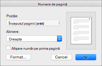 În Numere de pagină, setați poziția și alinierea numerelor de pagină.
