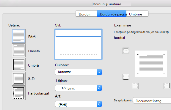 Selectați stilul, culoarea și lățimea pentru bordura paginii