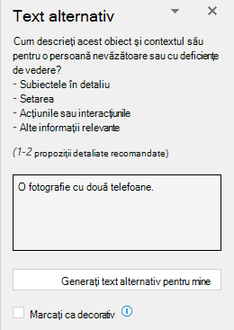 Panoul Text alternativ afișând un exemplu de text alternativ incorect.