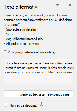 Panoul Text alternativ afișând un exemplu de text alternativ bun.