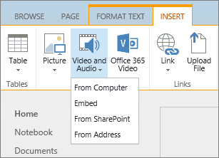 Captură de ecran a panglicii SharePoint Online. Selectați fila Inserare, apoi selectați Video și audio pentru a specifica dacă doriți să adăugați un fișier de pe computer, o locație SharePoint, o adresă web sau un cod încorporat.