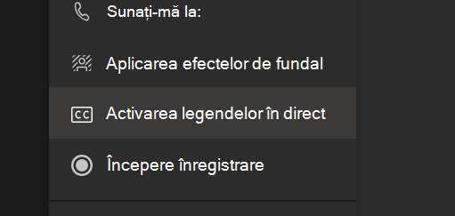 Opțiunea Activați subtitrările în direct din meniul de opțiuni pentru întâlnirea Teams