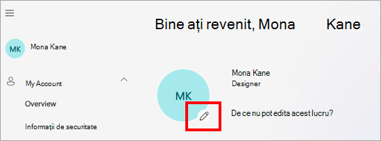 Captură de ecran a portalului Contul meu afișând fotografia de profil a utilizatorilor, numele și diverse opțiuni de setări de cont, cum ar fi limba, fusul orar și setările de confidențialitate. Pictograma de editare este vizibilă deasupra fotografiei de profil, indicând locul pe care utilizatorii pot face clic pentru a-și actualiza fotografia.