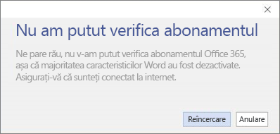 Captură de ecran a mesajului de eroare Nu s-a putut verifica abonamentul