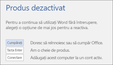 Captură de ecran afișând mesajul de eroare Produs dezactivat
