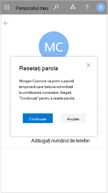 Resetarea unei parole de utilizator în Personalul meu