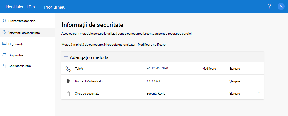 Pagina Informații de securitate, cu toate metodele înregistrate afișate