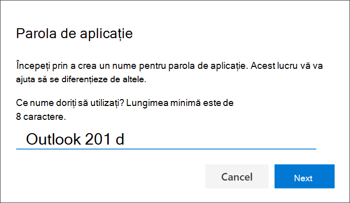 Captură de ecran care afișează pagina Parolă de aplicație, cu numele aplicației introduse
