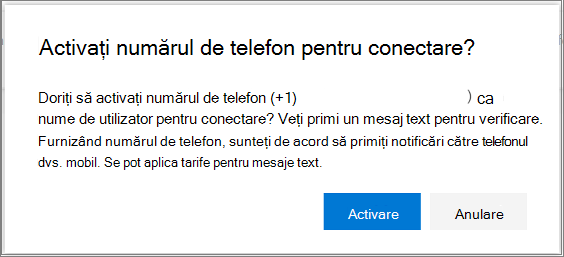 Caseta de dialog de confirmare pentru a activa conectarea prin SMS pentru un număr de telefon
