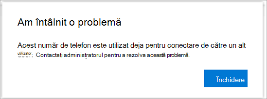 Mesaj de eroare atunci când numărul de telefon este deja utilizat]