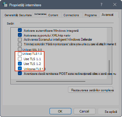 Captură de ecran afișând setările TLS în Proprietăți Internet