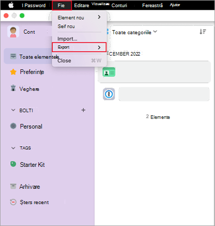 Meniul Fișier din 1Password.